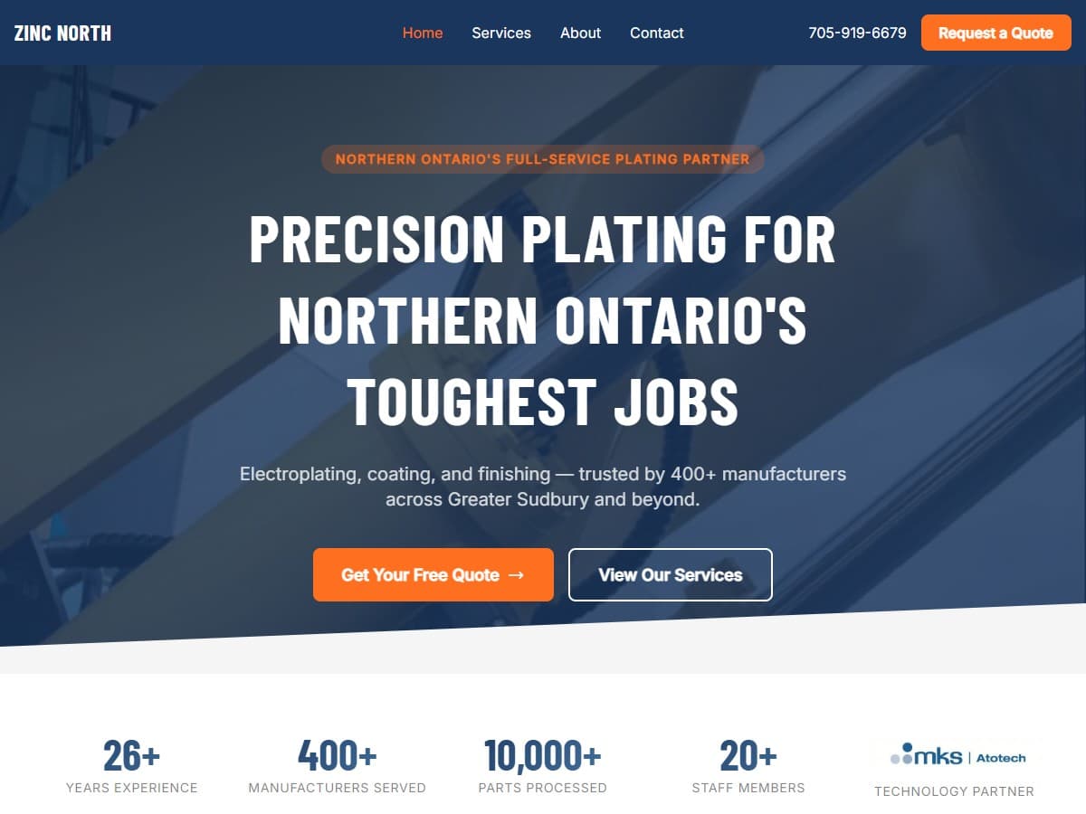 Zinc North homepage — hero section of the rebuilt site